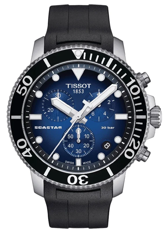 stylish watches for businesswomen-Tissot T-Sport Seastar 1000 Chronograph Stainless Steel Blue Dial Black Rubber Strap Date Divers Quartz Mens Watch T120.417.17.041.00