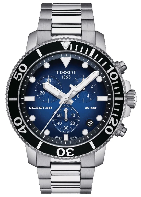 best watches for extreme sports-Tissot T-Sport Seastar 1000 Chronograph Stainless Steel Blue Dial Date Divers Quartz Mens Watch T120.417.11.041.01