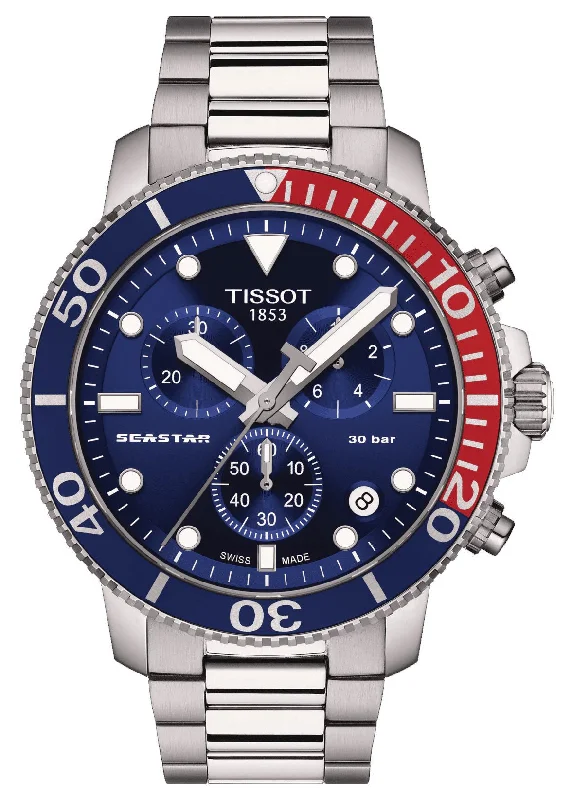 mechanical watches for precision lovers-Tissot T-Sport Seastar 1000 Chronograph Stainless Steel Blue Dial Date Divers Quartz Mens Watch T120.417.11.041.03