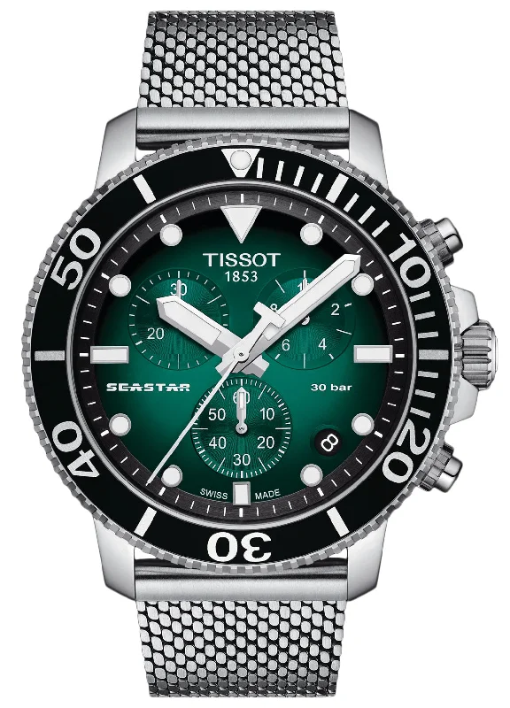 budget-friendly diving watches-Tissot T-Sport Seastar 1000 Chronograph Stainless Steel Mesh Green Dial Date Divers Quartz Mens Watch T120.417.11.091.00