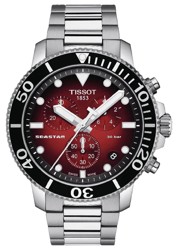 premium watches for women with classic design-Tissot T-Sport Seastar 1000 Chronograph Stainless Steel Red Dial Date Divers Quartz Mens Watch T120.417.11.421.00