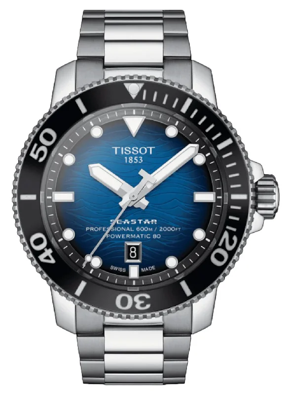 waterproof watches with long battery life-Tissot T-Sport Seastar 2000 Professional Powermatic 80 Automatic Stainless Steel Blue Dial Date Divers Mens Watch T120.607.11.041.01