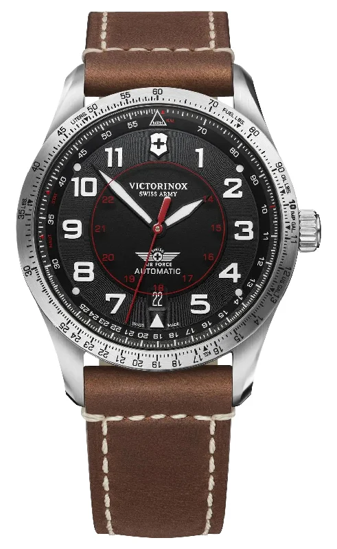 watches with date display for everyday use-Victorinox Swiss Army Airboss Mechanical Automatic Stainless Steel Black Dial Brown Leather Strap Date Mens Watch 241973