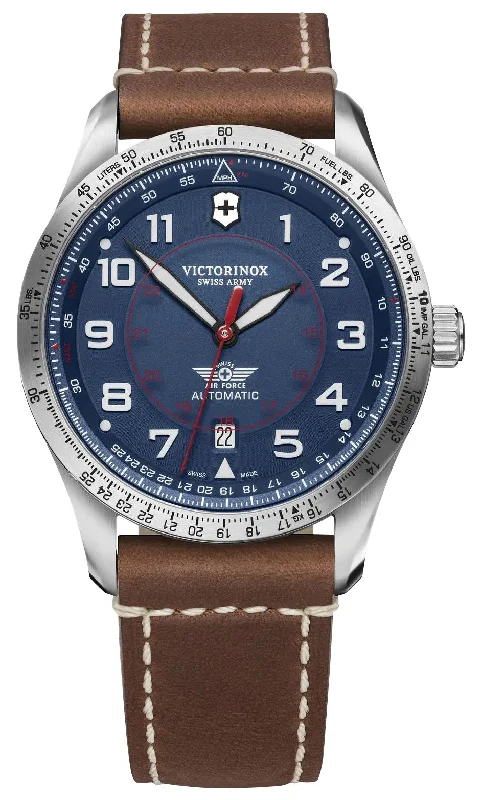 budget-friendly diving watches-Victorinox Swiss Army Airboss Mechanical Automatic Stainless Steel Blue Dial Brown Leather Strap Date Mens Watch 241887