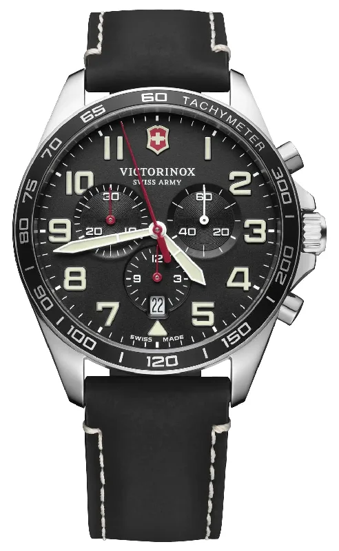 men’s watches with interchangeable bezels-Victorinox Swiss Army Fieldforce Chronograph Stainless Steel Black Dial Black Leather Strap Date Quartz Mens Watch 241852