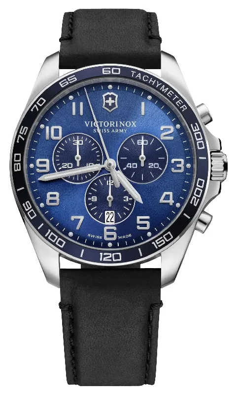 oversized watches with rubber straps-Victorinox Swiss Army Fieldforce Classic Chronograph Stainless Steel Blue Dial Black Leather Strap Date Quartz Mens Watch 241929