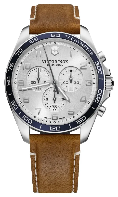 best watches for keeping time on the go-Victorinox Swiss Army Fieldforce Classic Chronograph Stainless Steel Silver Dial Brown Leather Strap Date Quartz Mens Watch 241900