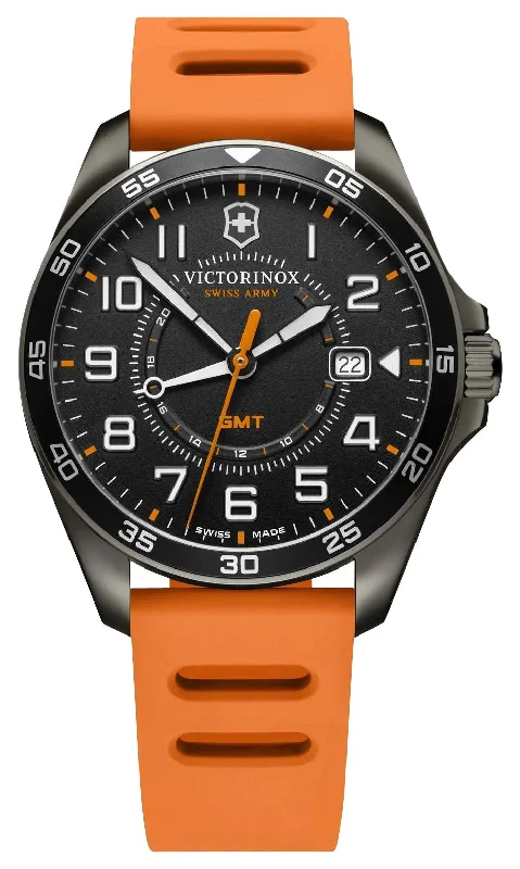 watches with countdown timer for fitness training-Victorinox Swiss Army Fieldforce Sport GMT Black Stainless Steel Black Dial Orange Rubber Strap Date Quartz Mens Watch 241897