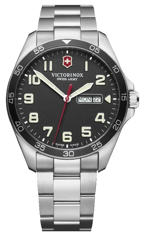 unisex leather strap watches for couples-Victorinox Swiss Army Fieldforce Stainless Steel Black Dial Day/Date Quartz Mens Watch 241849