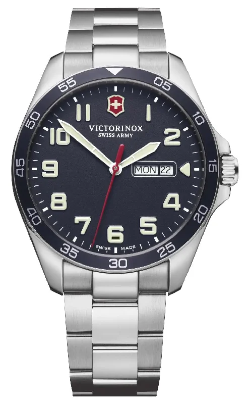 travel watches with world time function-Victorinox Swiss Army Fieldforce Stainless Steel Blue Dial Day/Date Quartz Mens Watch 241851