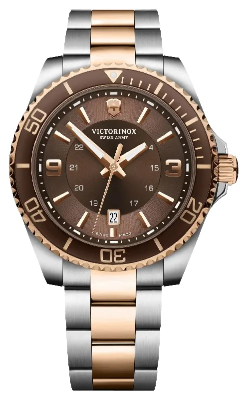 watches with multiple time zone features-Victorinox Swiss Army Maverick Large Two-Tone Stainless Steel Brown Dial Date Quartz Mens Watch 241951