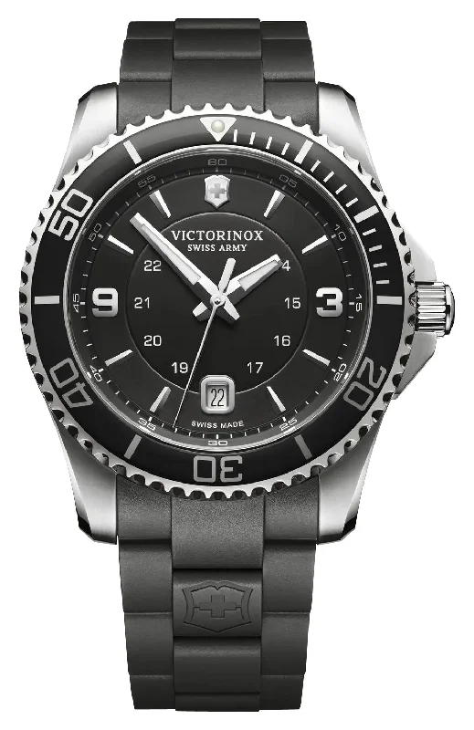 women’s watches with minimalist design-Victorinox Swiss Army Maverick Stainless Steel Black Dial Black Rubber Strap Date Quartz Mens Watch 241698